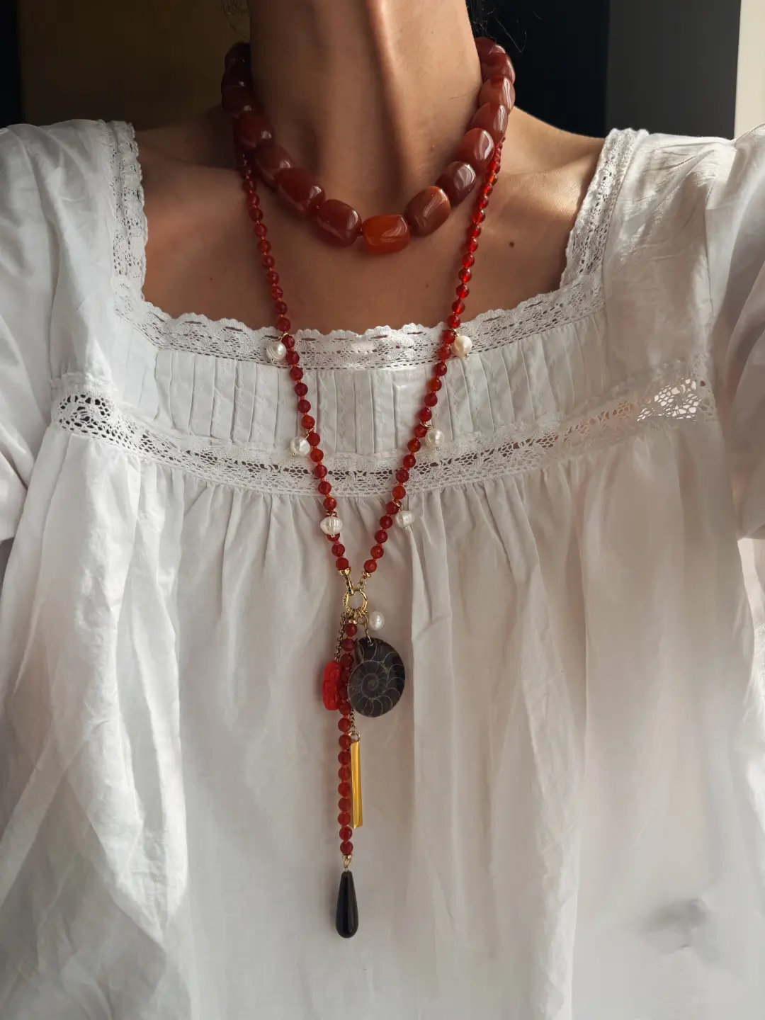 Long Carnelian Necklace with Ammonite