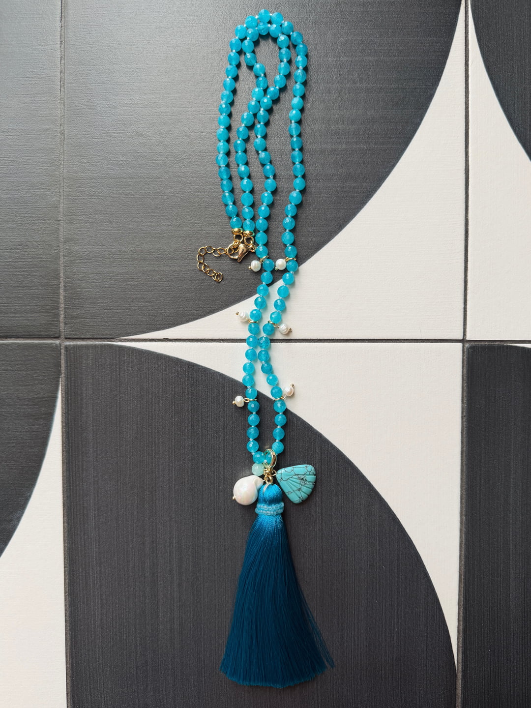 Long Aquamarine Tassel Necklace