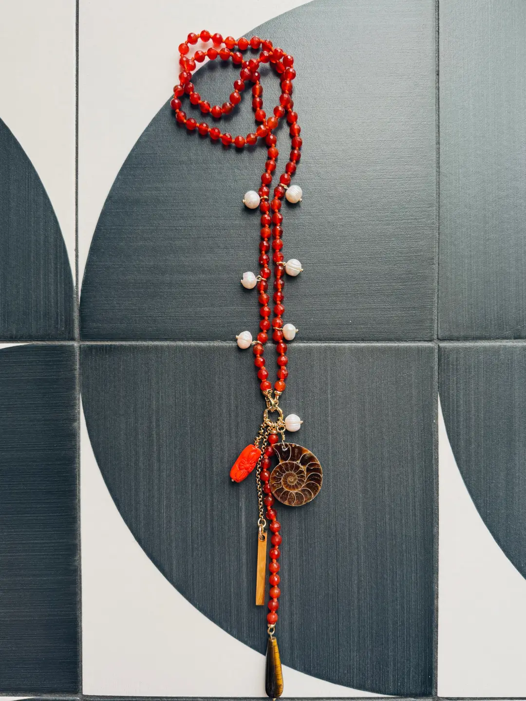 Long Carnelian Necklace with Ammonite