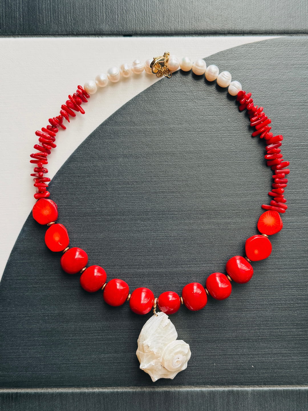Coral & Pearl Necklace with Natural Shell