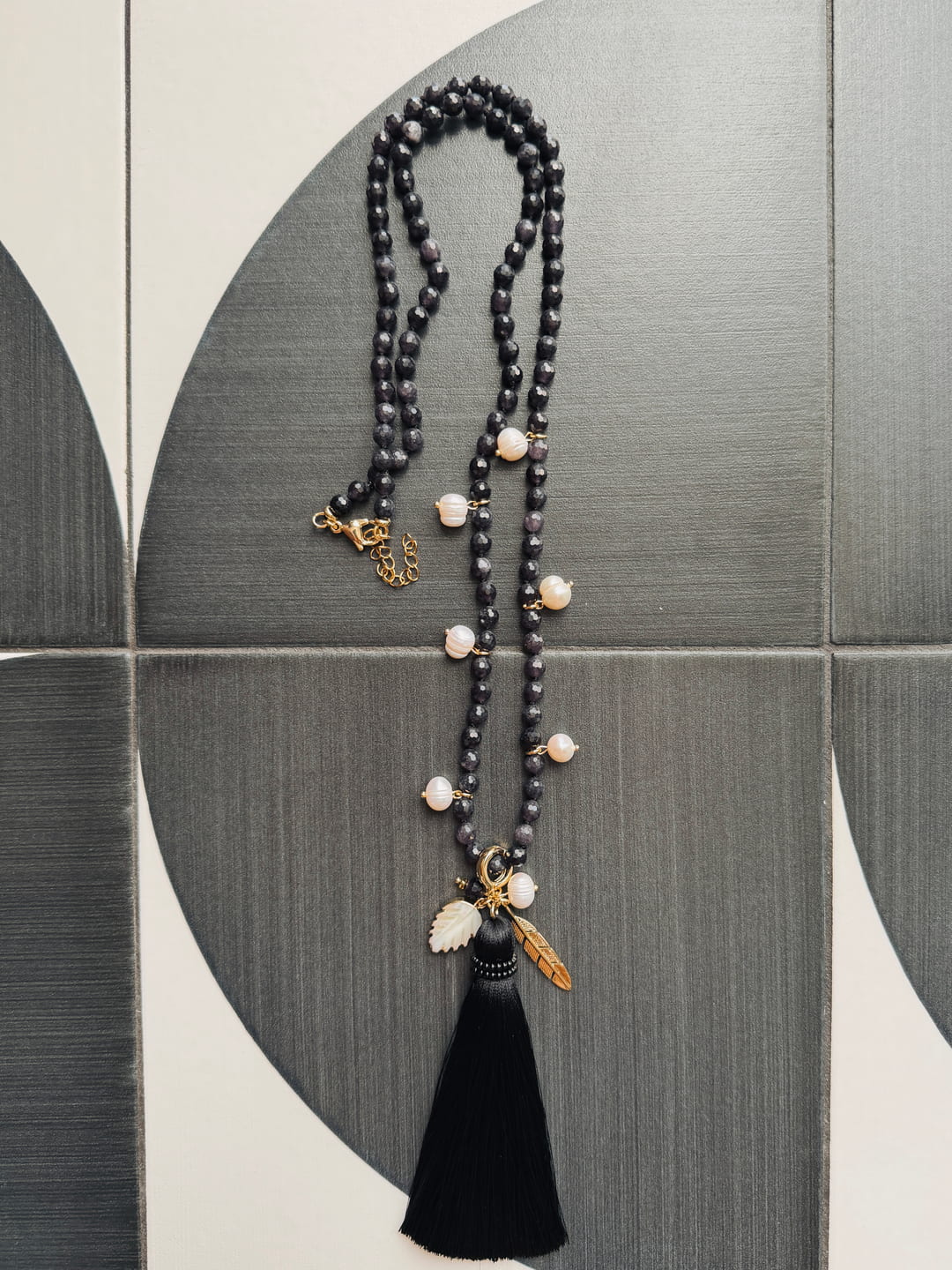Long Iolite Tassel Necklace with Pearls
