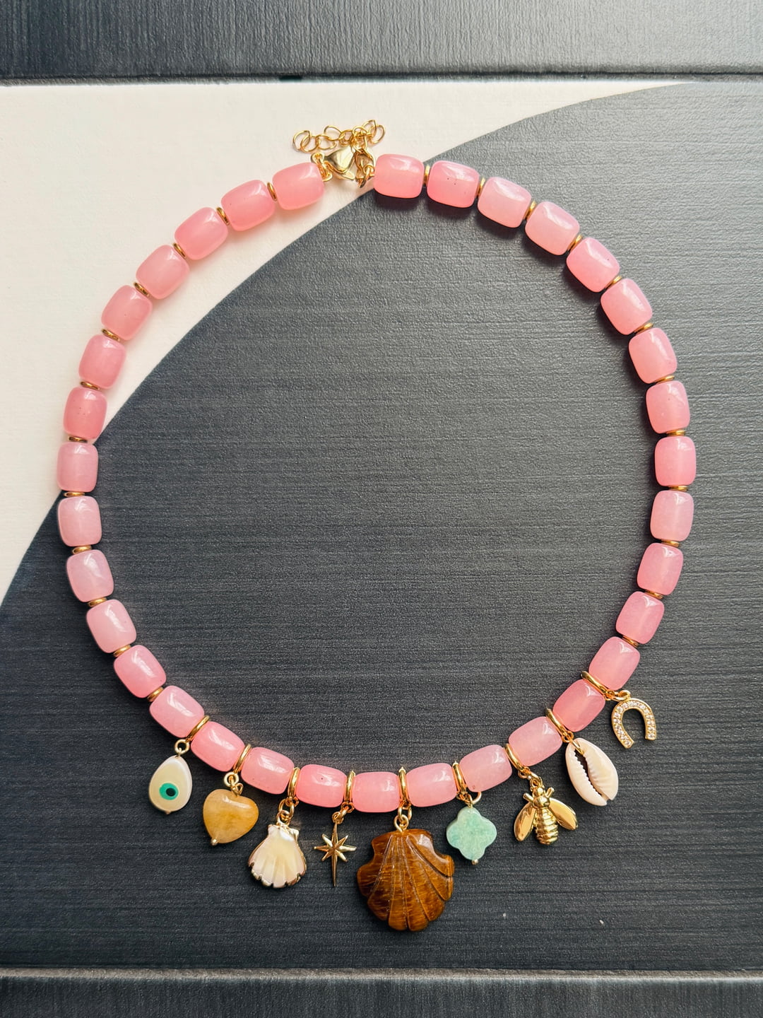 Rose Quartz Charm Necklace with Tiger's Eye