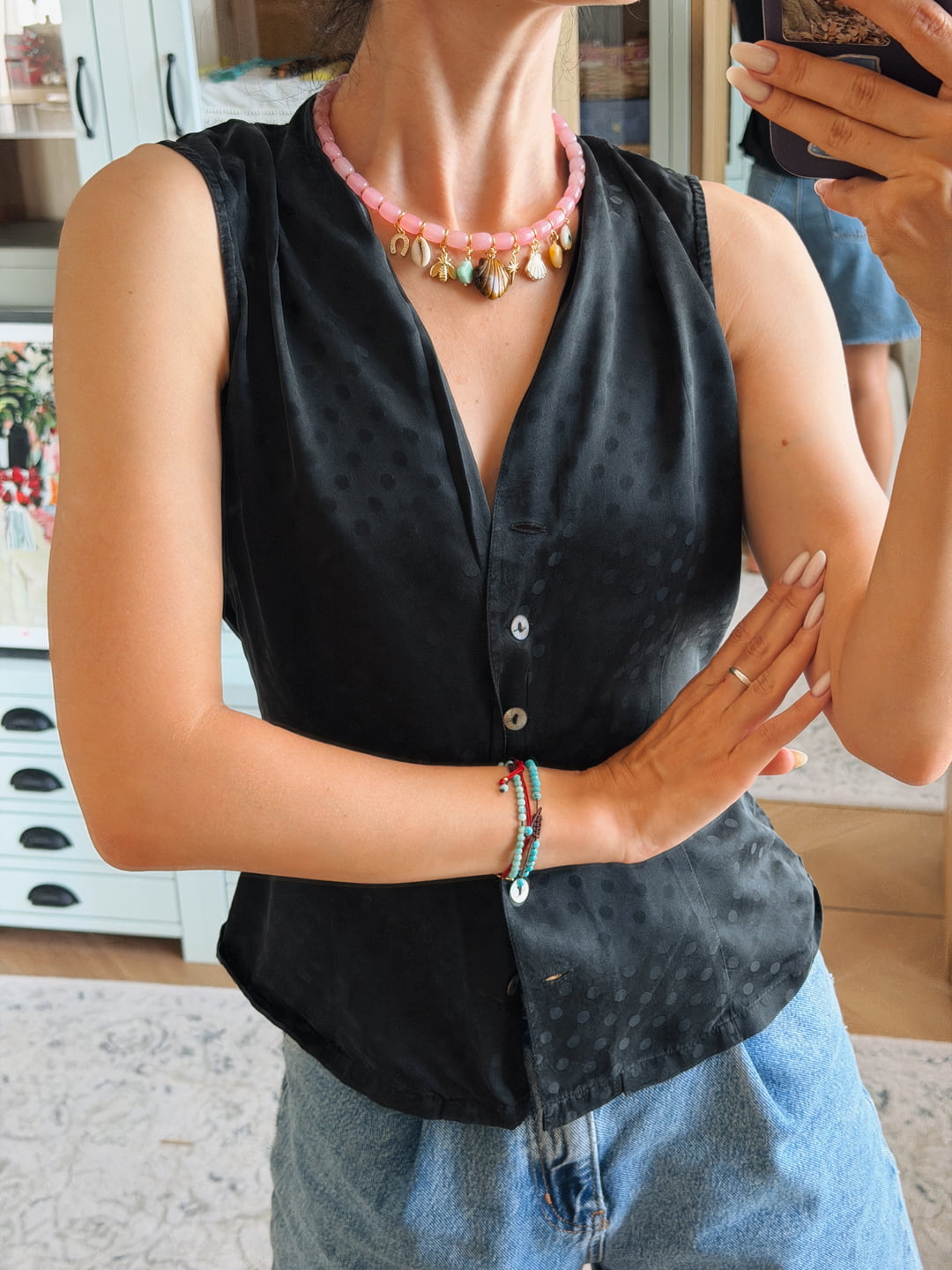Rose Quartz Charm Necklace with Tiger's Eye