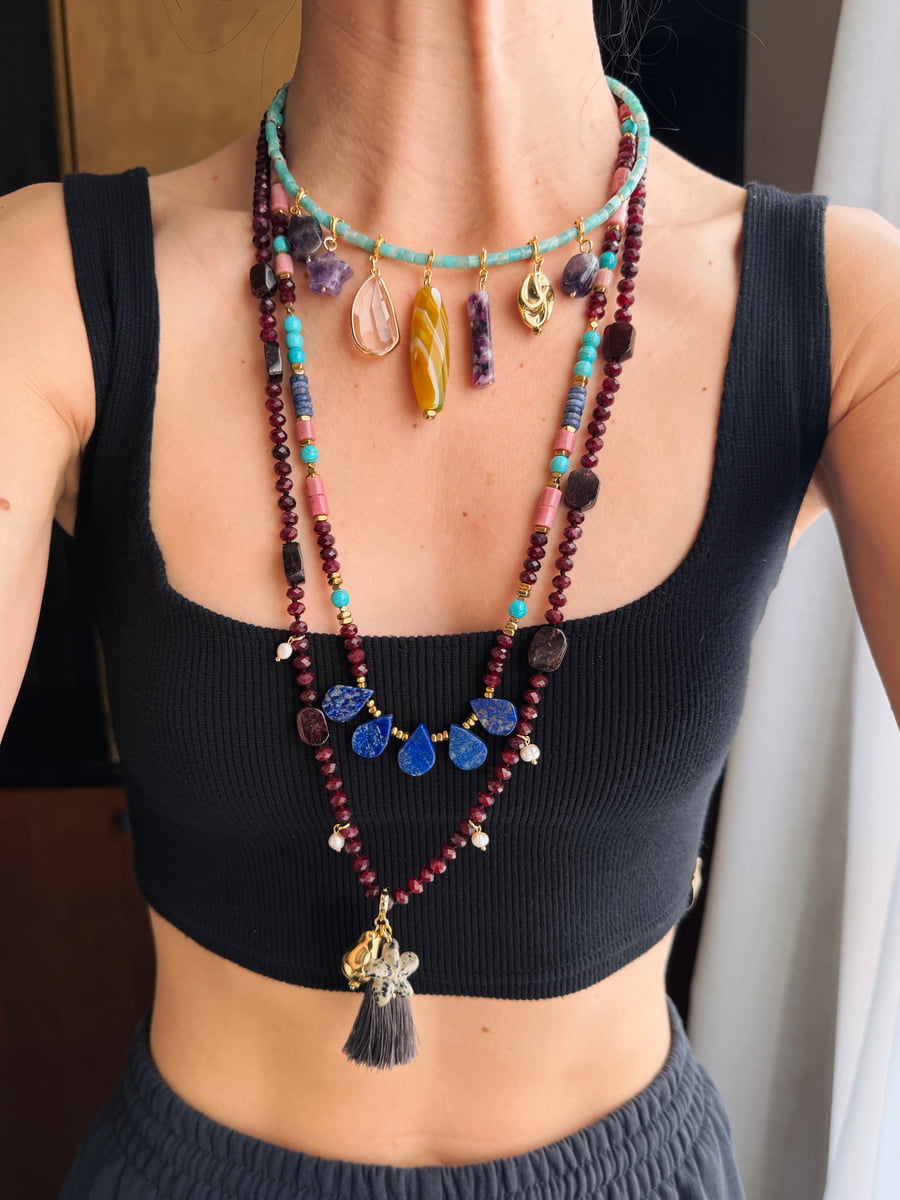 Long Lapis & Garnet Gemstone Necklace