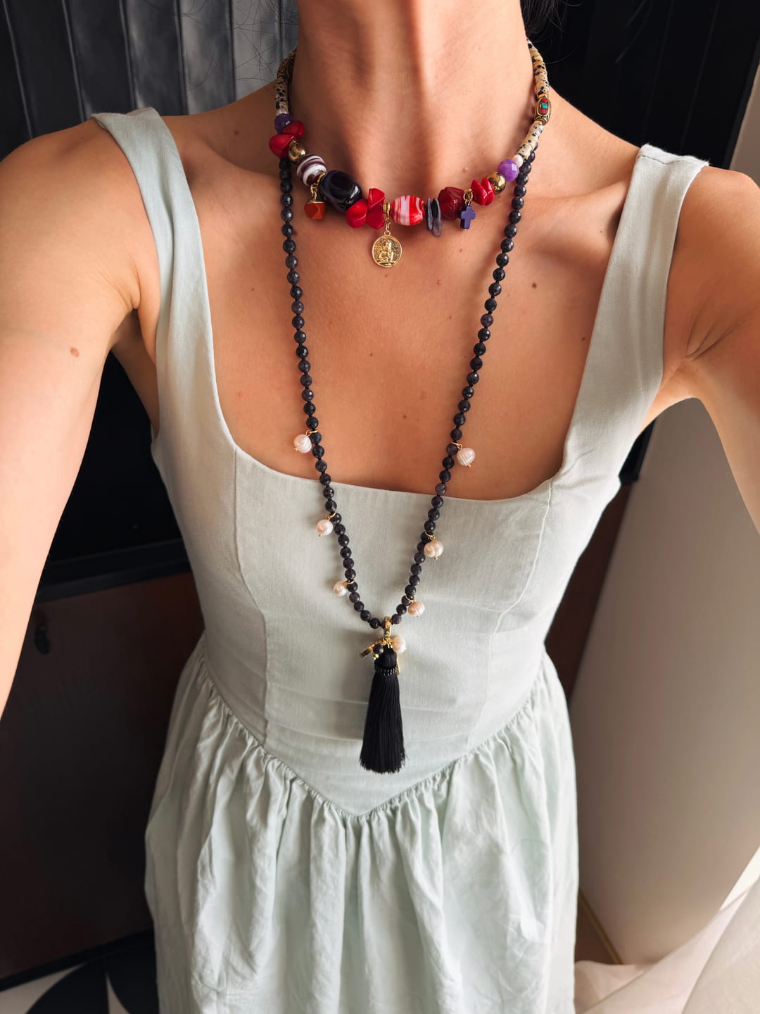 Long Iolite Tassel Necklace with Pearls