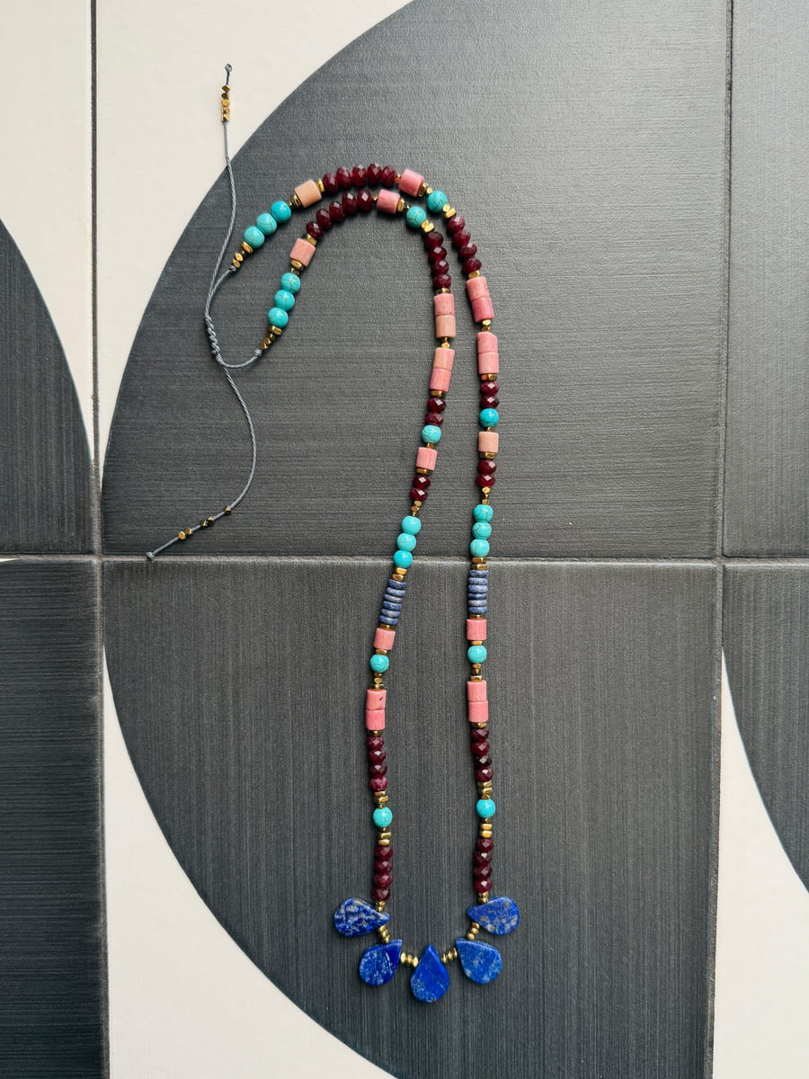 Long Lapis & Garnet Gemstone Necklace