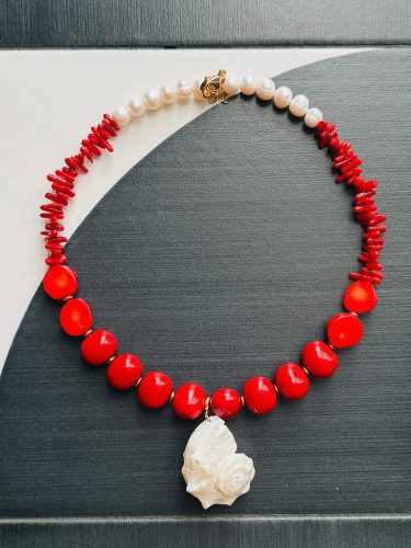 Coral & Pearl Necklace with Natural Shell