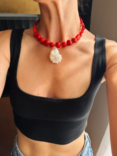 Coral & Pearl Necklace with Natural Shell, worn on the neck