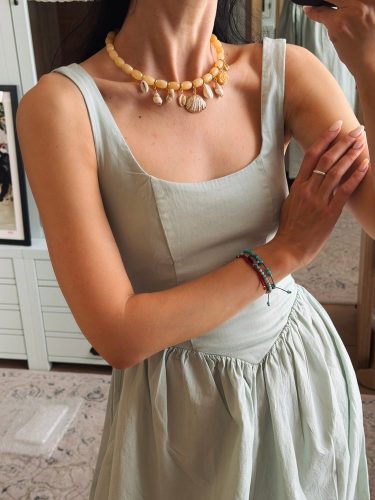 Agate Charm Necklace with Shells, worn on the neck